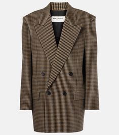 Checked oversized wool-blend blazer in beige - Saint Laurent | Mytheresa Designer Brown Wool Blazer, Designer Double-breasted Blazer For Fall, Elegant Oversized Wool Blazer, Oversized Wool Blazer With Notch Lapel, Designer Wool Outerwear For Office, Chic Oversized Brown Blazer, Oversized Double-breasted Long Sleeve Blazer, Chic Oversized Formal Wool Coat, Brown Oversized Outerwear For Formal Events