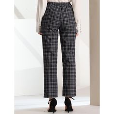 These pants are essential for dressing up or down. Lightweight fabric, covered in a plaid pattern, shapes these trendy trousers with a high-rise fit. How it is a bit high waist and how it gathers at the waist adding shape to the body. You may love everything about these trousers, from their regular fit to the elastic high-waist, which could double as a hiding mechanism for women with love handles. Style these trousers with a crop top and heels for the ultimate look. This fashionable and trendy c Plaid Pants For Workwear, Casual Plaid Bottoms For Office, Casual Plaid Office Bottoms, Casual Plaid Bottoms, Black Houndstooth Office Pants, Black Houndstooth Pants For Office, Plaid Straight Leg Pants For Work, Casual Plaid Office Pants, Casual Plaid Pants For Office