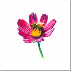 a painting of a bee on a pink flower with yellow stamens and green leaves