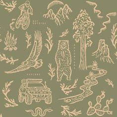 an image of animals and trees on a green background