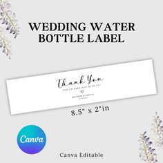 the wedding water bottle label is shown on a white background with purple and blue flowers