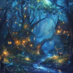 an image of a forest scene with deer and fireflies