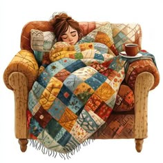 a painting of a woman sitting on a couch with a blanket over her head and a cup of coffee