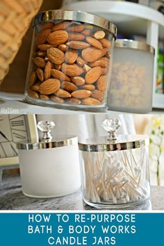 two glass containers filled with almonds on top of a counter next to each other