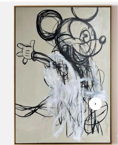 an abstract painting with black, white and grey lines in the shape of mickey mouse