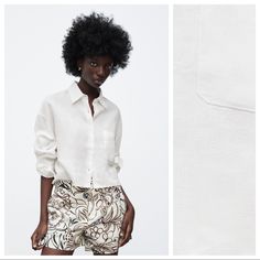 Nwt. Zara White Linen Pocket Cropped Shirt With Lapel Collar, Long Sleeves With Buttoned Cuffs, Front Patch Pocket, Front Button Closure. Size S. Ref.0484/042. Pit To Pit 24,5" Flat, Shoulders 22", Sleeves 19", Length 17". 1071. Zara Blouse With Pockets For Spring, Zara Blouse With Pockets For Workwear, Spring Zara Blouse With Pockets, Zara Workwear Blouse With Pockets, Zara Summer Office Shirt, Elegant Summer Blouse With Pockets, Chic White Shirt With Pockets, Chic Zara Blouse With Pockets, Elegant Summer Shirt With Pockets