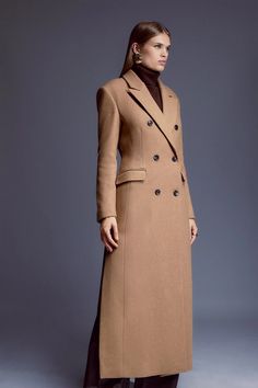 Italian Wool Maxi Double Breasted Tailored Coat Classic Structured Double-breasted Wool Coat, Luxury Double-breasted Wool Coat With Buttons, Luxury Long Wool Coat For Formal Occasions, Timeless Long Coat With Buttons, Timeless Long Pea Coat With Double Button Closure, Elegant Structured Pea Coat With Button Closure, Luxury Structured Outerwear With Buttons, Elegant Brown Double-breasted Outerwear, Elegant Brown Pea Coat With Button Closure