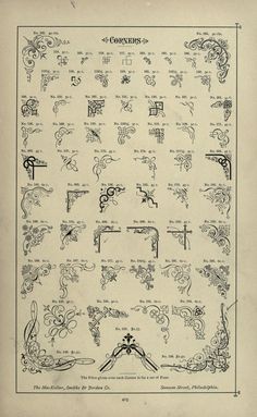 an old book with many different designs on the pages, including letters and numbers in black ink