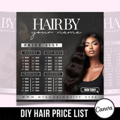 the hair price list for this product is displayed in front of a black and white background