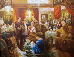 a painting of people sitting at tables in a room