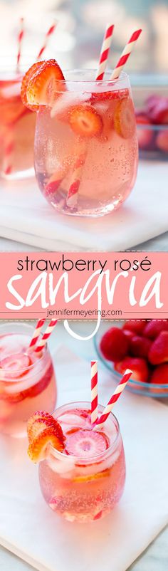 strawberry rose sangria in glasses with strawberries on the rim and striped paper straws