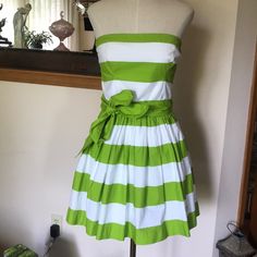 Gilly Hicks | Stripe Strapless Skater Dress Large Lime Green And White Belt Is Removable, No Zip, Stretchy Back Material Never Worn!! Such A Fun Dress But Doesn’t Fit Me. Has A Thin Second Layer Of Material For The Skirt Portion, Shown In Last 2 Pictures Original Price After Tax Was $65 Gilly Hicks, Fun Dress, White Belt, Green And White, Skater Dress, Lime Green, Nice Dresses, Strapless Dress, Womens Dresses