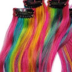 Vibrantly Dimensional, These Pieces Pack A Vibrant Pink Punch With Mixed Rainbow Colors The Details: 4 Piece Set Each Piece Is About 1.5" Wide Double Drawn 100% Remy Human Hair -Meaning They Not Only Look Like Real Hair, They Are Real Hair And Can Be Heat Styled, Cut And Color As You Could With Your Own Natural Hair. 8 Inches Long Add Color To Your Hair Without Damaging Chemicals And Upkeep Or Commitment To Any Colors! Also Add Volume To Your Hair As These Are Double Drawn, Remy Human Hair Exten Clip In Colored Hair Extensions, Colorful Hair Extensions, Rainbow Hair Extensions, Add Volume To Your Hair, Brown Pixie Cut, Short Black Wigs, Colored Hair Extensions, Neon Hair, Pink Punch