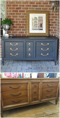 an old dresser is painted blue and has gold hardware on the top, and bottom