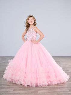 This Tiffany Princess pageant dress (style 13795) features a high neck, crystal embellishments, and a backless corset. The ruffle tulle skirt adds a touch of elegance, while the corset provides a secure fit. Perfect for any pageant girl looking to make a statement on stage. Sizes: 2-16 Colors: Baby Pink, Neon Pink, White, Yellow Ruffle Tulle Skirt, Backless Corset, Pink Ruffle Skirt, Dress Crystal, Pageant Girls, 2025 Style, Gown Skirt, Girls Pageant Dresses, Halter Gown