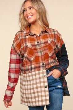 Introducing our Flannel Color Block Shirt Jacket: the perfect combination of style and comfort. This long sleeve shacket features a trendy plaid and check color block design, elevated by a convenient snap button closure. Its oversized fit adds a modern twist to this classic wardrobe staple. Upgrade your fall wardrobe with this must-have piece! 100% Polyester Plaid Patchwork Outerwear For Fall, Fall Plaid Patchwork Outerwear, Plaid Patchwork Button-up Outerwear, Trendy Plaid Collared Shacket, Trendy Collared Plaid Shacket, Trendy Plaid Shacket With Collared Shape, Plaid Patchwork Button-up Tops, Plaid Flannel Shirt For Fall With Button Closure, Oversized Plaid Patchwork Outerwear