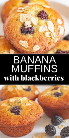 Banana blackberry muffins on a white plate. Banana Blackberry Muffins, Blackberry Muffins Easy, Muffin Blueberry, Breakfast Muffins Healthy, Carrot Muffin, Easy Muffin Recipes, Blackberry Muffins, Blackberry Muffin