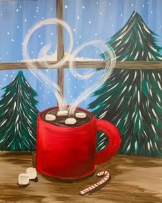 a painting of a red coffee mug with hot chocolate in front of a snowy scene