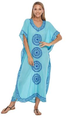 Beautiful long kaftan with embroidered trim. Lightweight swimwear coverup for any beach day! Stylish bohemian look with the handcrafted feel. Blue Flowy Cover-up For Beach Season, Light Blue Maxi Dress For Beach Cover-up, Blue V-neck Maxi Dress For Poolside, Blue Tunic Cover-up For Spring, Blue Bohemian Cover-up For Beach Party, Light Blue Embroidered Beach Dress, Blue Tunic Cover-up For Summer, Blue V-neck Festival Cover-up, Light Blue Dress For Beach Cover-up