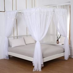 PRICES MAY VARY. Easy Installation: 4" Rod Pocket design for easy hanging on different kind of bed frame or pipe.Avoid sharp items or the canopy curtains may be damaged. Size: 8 Canopy Panels with 2 Star Light.Canopy frame is Not included.32.5" x 75" for 4 Width Panels, 4 Length panels is 40" x 75"(Suggest for Full/ Queen size). Material:Tulle.The fabric is soft, light ,breathable,wrinkle resistant and durable, which can transmit light, but also maintain a little privacy.Putting up our curtain i Curtains With Lights, Bed Canopy Curtains, Princess Curtains, White Canopy Bed, Princess Canopy Bed, Princess Canopy, Bed Drapes, Curtains Bed, Bed Canopies