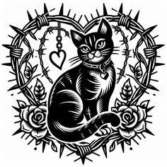 Old School Cat Tattoo, Cartoons Tattoo Design, Barbed Wire Heart, Blitz Design, Optical Illusion Tattoo, Tattoo Cute, Kunst Tattoos, Traditional Tattoo Sleeve, Wire Heart