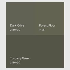 two different shades of green paint with the words dark olive, forest floor, and tuscany green