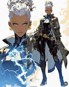 an anime character with white hair standing next to another character wearing black and gold armor