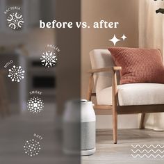 a living room scene with the words before and after written in white on the wall