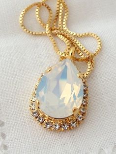 Bridal necklace, White opal and clear crystal Swarovski pendant necklace, Teardrop pendant necklace, Gold Opal Teardrop Necklace, Luxury Opal Teardrop Necklace, Yellow Gold Opal Teardrop Pendant Necklace, Pear-shaped Opal Necklace For Gift, Pear-shaped Opal Necklaces For Gifts, Swarovski Pendant, Bold Necklace, Swarovski Necklace, Bridesmaid Necklace