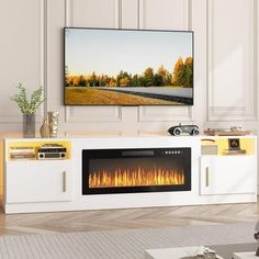 The Waleaf TV Stand is equipped with an electric fireplace with a flickering flame effect, making it more comfortable for people to gather around the TV. There is a cabinet on both sides to prevent your books, game consoles, etc. There is additional storage space above for board games, books, cameras, etc. In addition, there are a total of 16 colors of internal light strips that can be adjusted according to the environment, which is beneficial for creating various atmospheres. Size: 80".  Color: Fireplace With Built In Cabinets, Electric Fireplace Console, Entertainment Center With Fireplace, Electric Fireplace Entertainment Center, Tv Stand With Fireplace, Fireplace Console, Electric Fireplace Tv, Fireplace Entertainment Center, Stand Tv