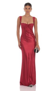 Satin Lace-Bust Dress in Red Red Fitted Satin Dress For Formal Occasions, Fitted Satin Evening Dress With Lining, Red Satin Lined Dresses, Red Silk Dress, Winter Formal Dresses, Long Red Dress, Lucy In The Sky, Prom Dress Inspiration, Grad Dresses