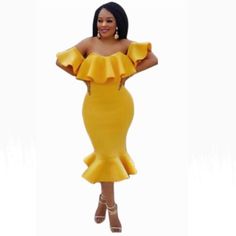 Yellow Off The Shoulder Ruffles Bodycon Dress. Nwot. Follow On Ig: @Mzenvy & @Stylestreetexperience Yellow Ruffle Midi Dress For Date Night, Yellow Ruffled Midi Dress For Date Night, Ruffle Bodycon Dress, Ruffle Bodycon, Dresses Off The Shoulder, Street Dress, Off The Shoulder Dress, Women's Style, Ruffles