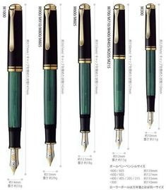 four different types of fountain pens in various styles and colors, all with gold trimmings