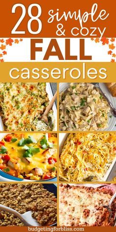 the cover of 28 simple and cozy casseroles, with images of different dishes