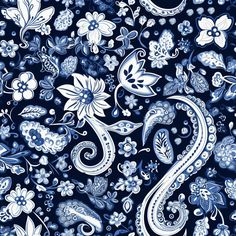 a blue and white paisley pattern with flowers, leaves and swirls on a dark background