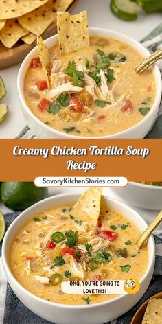 creamy chicken tortilla soup recipe in a white bowl