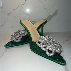 Mach & Mach Carrie Crystal Embellished 85 Mm Mules Mildly Used Size 6 No Box Glamorous Green Heels With Rhinestones, Green Rhinestone Heels For Wedding, Glamorous Green Embellished Heels, Green Rhinestone Wedding Heels, Formal Green Heels With Rhinestones, Green Embellished Heels For Evening, Embellished Green Heels For Evening, Luxury Green Heels For Cocktail, Elegant Green Heels For Events