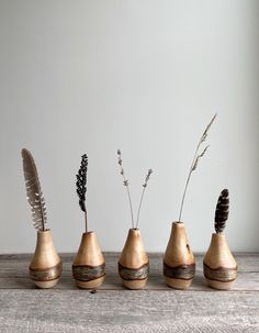 three vases with plants and feathers in them on a wooden table next to a white wall