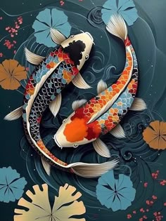 two koi fish are swimming in the water