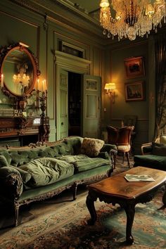 Modern Living Room With Green Couch, Green Aesthetic Living Room Decor, Dark Academia Green Living Room, Dark Green Victorian Living Room, Vintage Earthy Living Room, Green Gothic Living Room, Green In Living Room, Vintage Green Room, Green Lounge Room