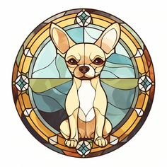 a small dog sitting in front of a stained glass window