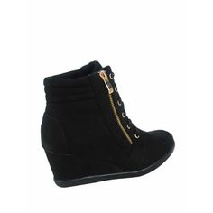 This style runs pretty true to size Round toe Lace Up Rubber sole, Faux Suede Wedge Heel Side Zipper Dcor Only. NOT Functionable Finished with lightly padded insole Heel Height: 3" (approx) Size: 8.5.  Color: Black.  Gender: female.  Age Group: adult. Wedge High Tops, Lace Up Wedges, Sneaker Shoes, Suede Wedges, Wedge Sneaker, Casual Shoes Women, Shoes Black, Wedge Heels, High Top