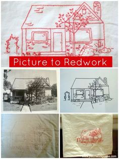 four different pictures with the words picture to redwork on them