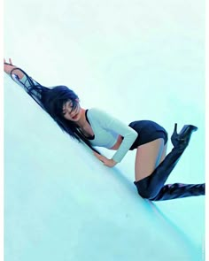 a woman with long black hair is laying down on the ground wearing high heels and stockings