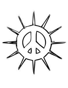 a black and white drawing of a sun with peace sign on it's side