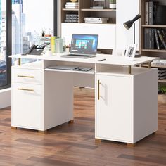 PRICES MAY VARY. 55 Inch Top with Semi-Floating:So that you don't feel restricted while working, the 55" tabletop of this home office desk provides a large space,Not only into the play for you to meet your needs for the appearance of the product we have adopted a modern floating design, so that your white desk with drawers is both practical and beautiful Elegant in White and Gold:The overall white accented with gold handles and executive desk legs, the 2 colors not only match harmoniously and cl Desks For Bedrooms, Home Office White Desk, White Executive Desk, White Desk With Drawers, Cabinet For Office, Computer Desk With Drawers, White Computer Desk, File Cabinet Desk, Gold Desk