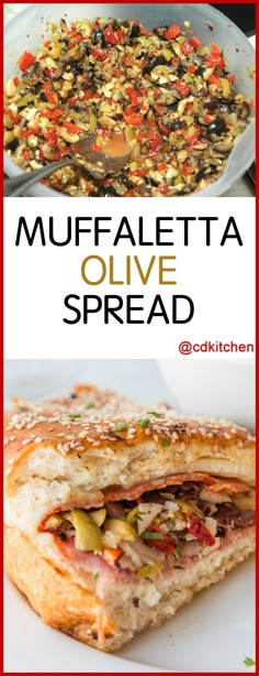 two different pictures with the words muffaletta and olive spread on them in front of