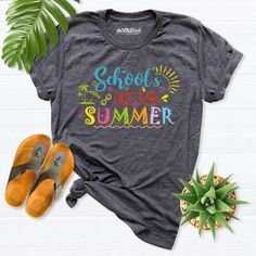 School's Out For Summer Shirt, teacher summer shirt, End Of The Year Shirt, Last Day of School Shirt, Funny Teacher Shirt, goodbye school    Hello! Thank you for supporting small businesses. My main priority here is the satisfaction of my customers.   If you want to see this design on the SWEATSHIRT you can buy it from the link below.https://etsy.me/3LS0Viz T-shirts are comfortable cut. I recommend checking the size and color charts before placing your order. If you want a text on the back of yo Short Sleeve T-shirt For School In Summer, Casual Letter Print Shirt For Back To School, Casual Back To School Shirt With Text Print, Casual Shirt With Text Print For Back To School, Summer School Spirit Shirt With Graphic Print, School Spirit Graphic Print Summer Shirt, Spring School Shirt With Text Print, Summer School Tops With Graphic Print, Summer School Spirit Cotton Shirt