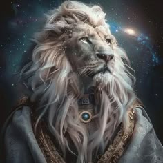 a lion with long white hair wearing a blue coat and space in the back ground