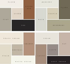 several different shades of brown, beige and white paint colors with the names of each color